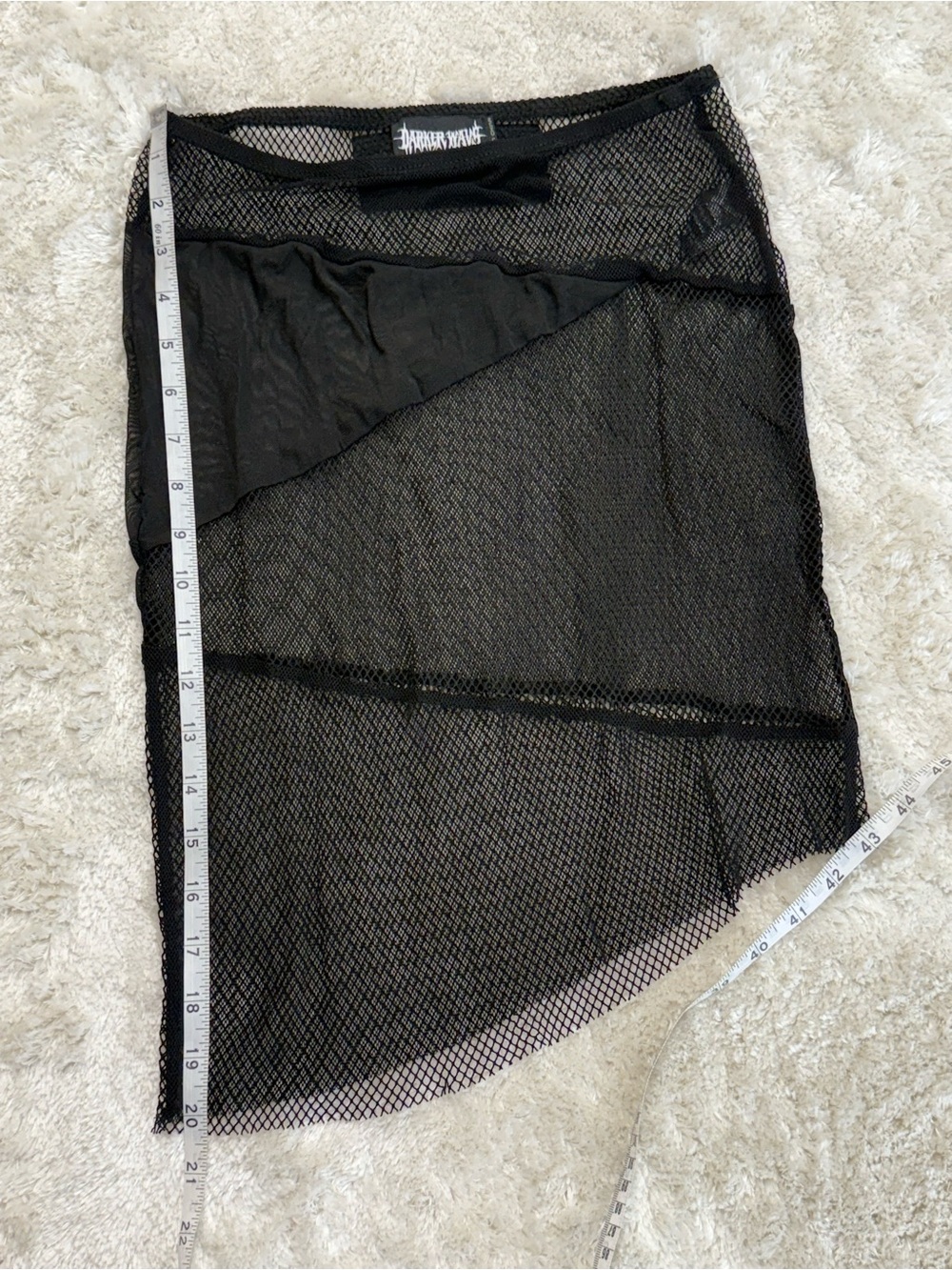 DARKER WAVS black mesh fishnet knit asymmetrical raw fray hem mini skirt - Picture 5 of 6